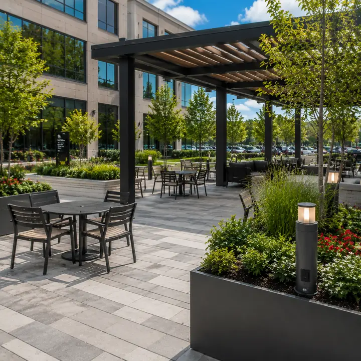 AM Developers LLC built corporate outdoor break areas with paved dining pads, shade structures, planter borders, and employee lounge spaces in Chantilly VA