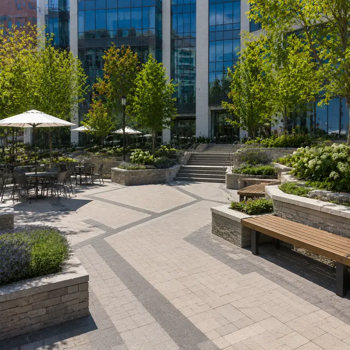 AM Developers LLC built corporate plaza hardscapes with premium pavers, stone seating walls, and outdoor gathering areas in Washington DC