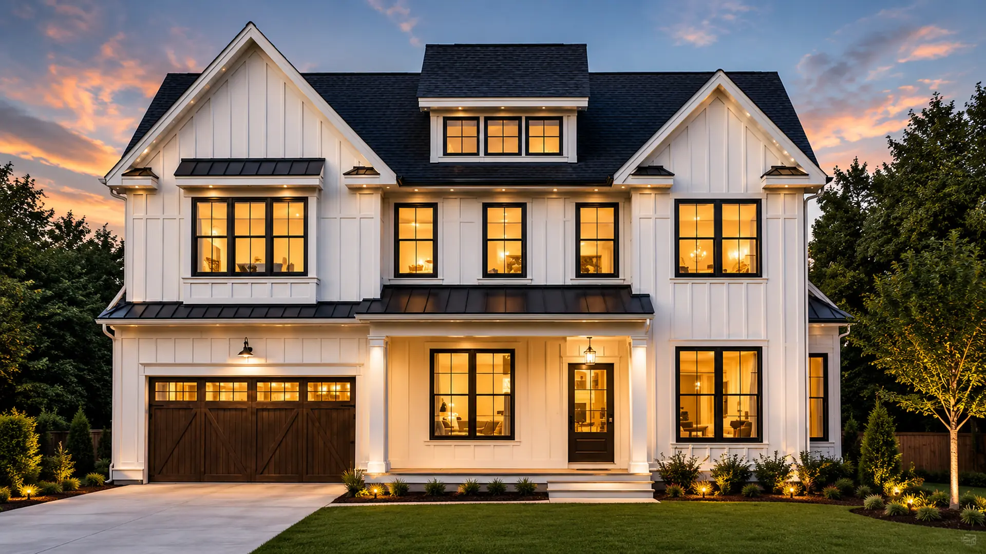 AM Developers LLC built a luxury custom home with board-and-batten siding, black-framed windows, a covered entry, and an attached garage in Rockville