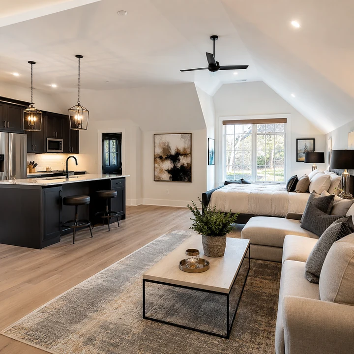 AM Developers LLC built a custom detached carriage house with a guest suite, kitchenette, vaulted ceiling, and open living area