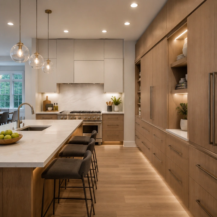 AM Developers LLC built custom frameless cabinetry with natural oak panels, slim shaker cabinets, quartz surfaces, and integrated storage