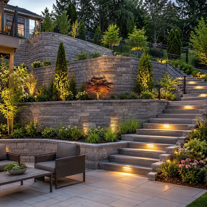 AM Developers LLC built geogrid-reinforced over-height walls in Germantown, MD, with engineered retention, tiered stone masonry, stair lighting, railings, and planting beds