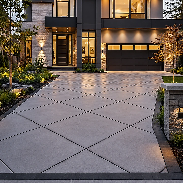 AM Developers LLC, Designed and developed by AM Developers LLC, completed a custom geometric control joint patterning project for a luxury-residential driveway on Harrison St NW in Washington, DC. The finished concrete surface uses a clean diamond grid layout, with dark saw-cut control joints crossing the light concrete panels from the driveway entrance toward the garage and front entry. The geometric joint pattern gives the driveway a refined architectural rhythm while supporting slab movement control, crack control, and long lasting concrete flatwork performance. A dark paver border frames the driveway edges, adding contrast against the modern home exterior, black garage door, large glass windows, stone accent walls, and warm exterior lighting. The front entry, garage approach, low landscape plantings, ornamental trees, raised stone wall, and walkway edges all align with the crisp hardscape layout. This completed residential driveway highlights decorative concrete joints, custom saw cut concrete, architectural concrete joints, premium concrete surface design, and a minimalist concrete driveway finish suited for a contemporary Washington, DC home. AM Developers LLC delivered accurate joint spacing, clean line concrete patterning, smooth surface finishing, and high-end concrete contractor craftsmanship for a polished frontyard arrival that blends durability, visual order, and modern curb appeal.