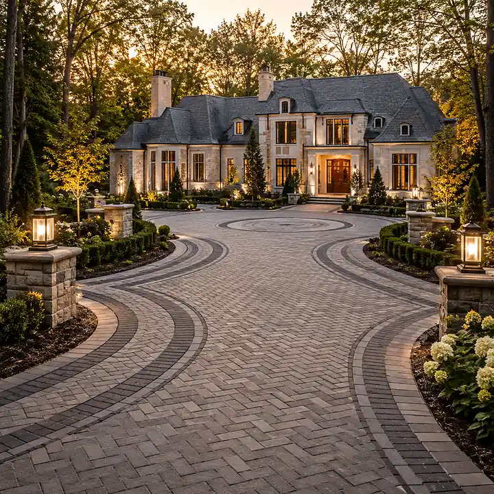 AM Developers LLC, Designed and developed by AM Developers LLC completed this luxury residential 45° and 90° Herringbone Paver Layouts project in McLean, Virginia, featuring an expansive estate driveway constructed with precision-installed interlocking concrete pavers arranged in engineered 45-degree and 90-degree herringbone patterns for exceptional structural performance and long-term durability. The driveway incorporates contrasting double border courses, a decorative circular center medallion, reinforced edge restraints, and carefully aligned paver joints that provide superior resistance to vehicular movement, braking forces, and surface shifting. Elegant masonry entrance columns with architectural lanterns, manicured boxwood hedges, flowering landscape beds, mature hardwood trees, ornamental shrubs, and professionally installed landscape lighting frame the driveway while complementing the grand stone residence. The sweeping curved approach creates a refined arrival sequence that blends luxury estate aesthetics with advanced hardscape engineering. This custom driveway combines structural herringbone paving systems, precision grading, reinforced aggregate base preparation, traffic-rated interlocking pavers, expert masonry craftsmanship, and premium residential construction methods to deliver lasting curb appeal, outstanding load distribution, and a distinguished entrance built for daily residential vehicle traffic.