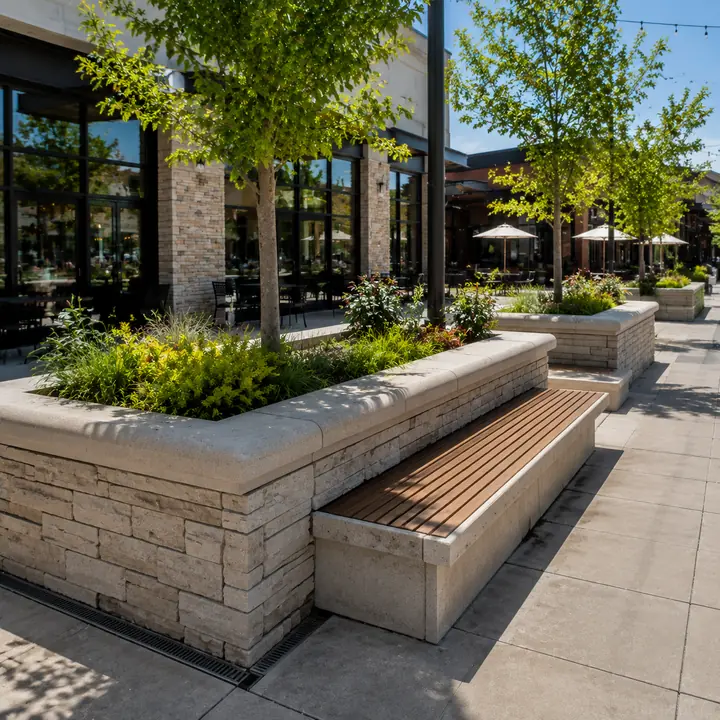 AM Developers LLC built custom masonry seat wall planters with stone veneer walls, bullnose caps, raised planting beds, and integrated seating in Gaithersburg MD