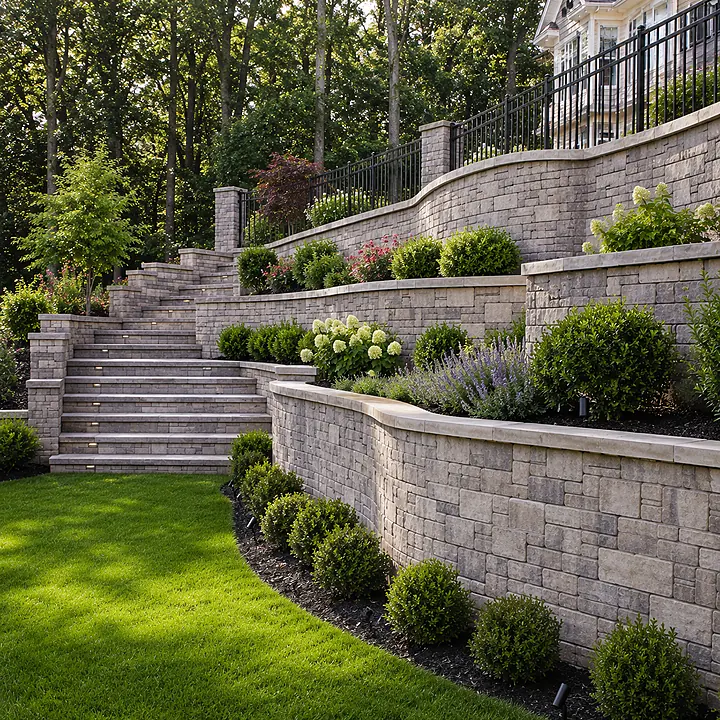 AM Developers LLC built segmental block retaining walls in Bethesda, MD, with curved terraces, broad stone stairs, black railings, capstones, drainage, and planted tiers