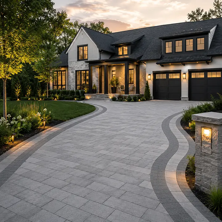 AM Developers LLC, Designed and developed by AM Developers LLC completed this luxury residential Techo-Bloc & Unilock Driveway Installations project in Reston, Virginia, featuring a sweeping designer paver driveway with a clean modern layout, curved accent borders, and premium concrete paver surfaces selected for long-term color retention, stain resistance, and daily vehicle performance. The driveway uses large-format light-toned pavers with darker ribbon inlays that guide the approach to the garage and front entry while complementing the contemporary stone façade, black-framed windows, landscape lighting, and manicured planting beds. Carefully shaped lawn edges, ornamental trees, evergreen shrubs, illuminated masonry columns, and low-voltage path lighting frame the entrance with refined residential curb appeal. The installation reflects high-performance paver driveway construction with reinforced base preparation, interlocking paver alignment, sealed concrete paver detailing, UV resistant driveway pavers, tire mark resistant surface planning, and precise border work. This premium driveway hardscape combines branded paver sourcing, luxury concrete paver collections, modern estate driveway design, and disciplined installation methods to create an elegant, durable, and polished outdoor-living-space entrance for a high-end residential property.