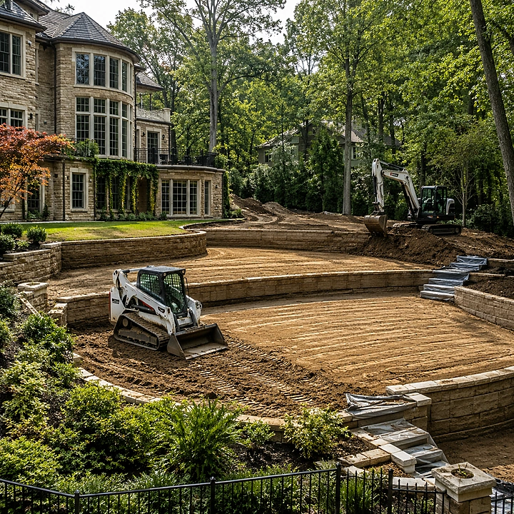 AM Developers LLC performed cut-and-fill earth moving in Washington, DC, with site grading, soil balancing, excavator work, compacted terraces, and grading preparation