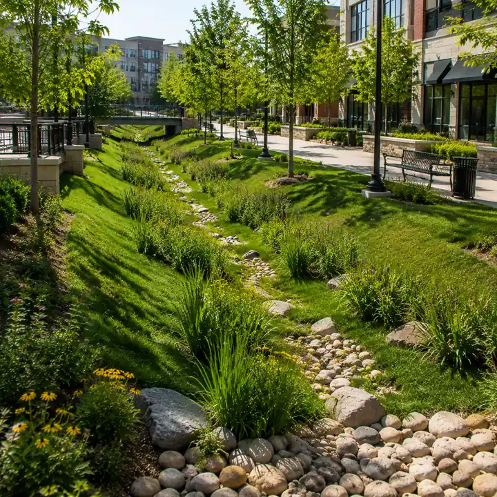 AM Developers LLC built dry swales with vegetated channels, stone drainage features, and erosion control landscaping in Gaithersburg MD