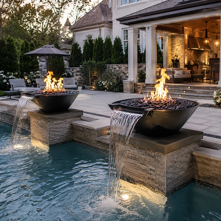 AM Developers LLC built dual-element fire and water bowls in McLean, VA, with black metal bowls, gas flames, lava rock, water spillways, masonry pedestals, pool steps, and lounge seating