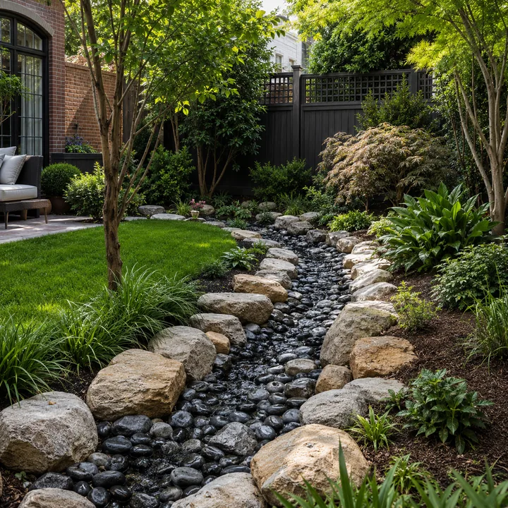 AM Developers LLC built engineered swales in Washington, DC, with dry creek beds, river stone, boulders, stormwater drainage, and planted garden edges