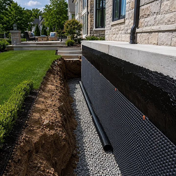 AM Developers LLC waterproofed an exterior foundation in Paeonian Springs, VA, with asphalt coating, dimpled membrane, gravel bed, and footing drain