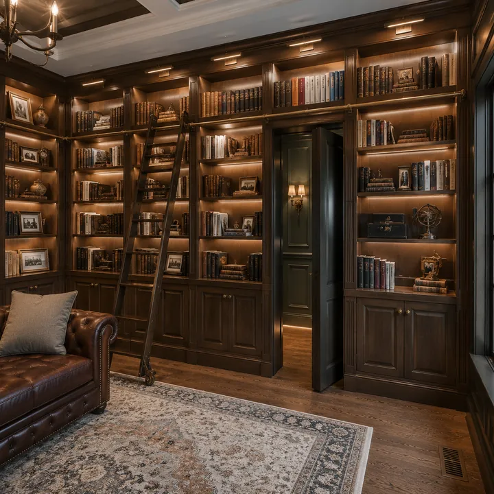 AM Developers LLC built floor-to-ceiling bookcases with a rolling library ladder, concealed doorway, custom cabinetry, and LED shelf lighting