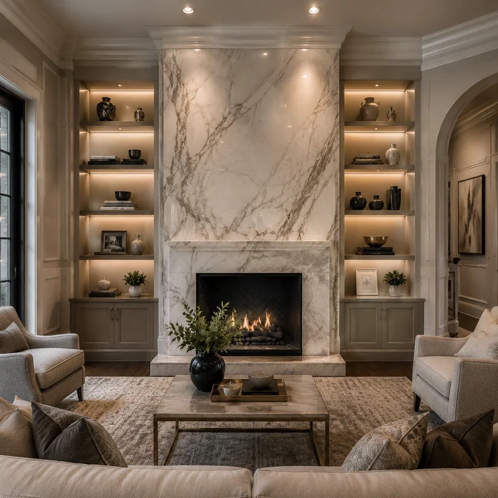 AM Developers LLC built a floor-to-ceiling marble fireplace with a slab mantel, gas firebox, and illuminated built-in shelving in Washington, DC