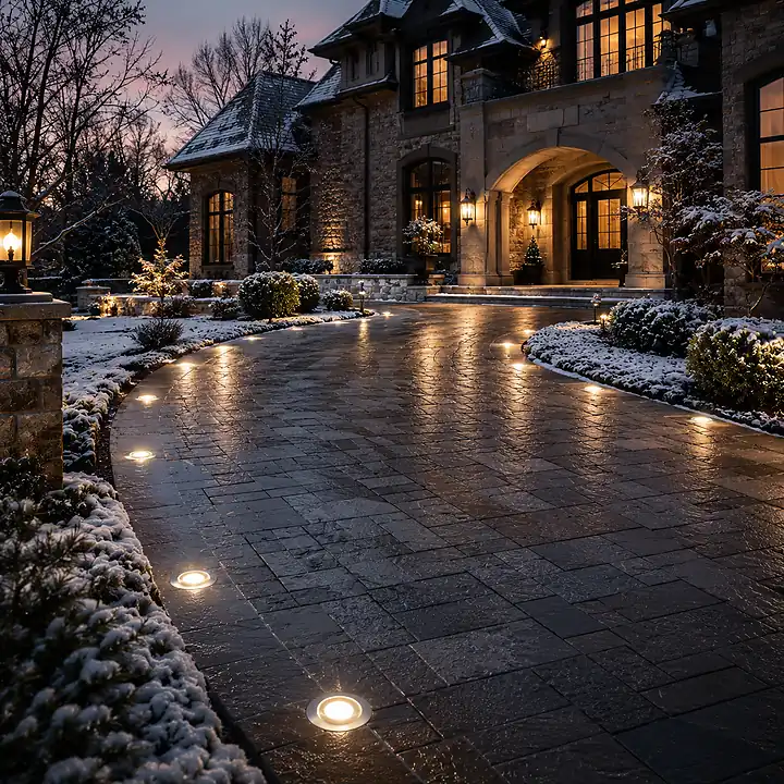 AM Developers LLC built flush-mount drive-over recessed LED lighting with low-voltage fixtures, paver driveway edges, and illuminated guide lights for a luxury Leesburg VA driveway entry