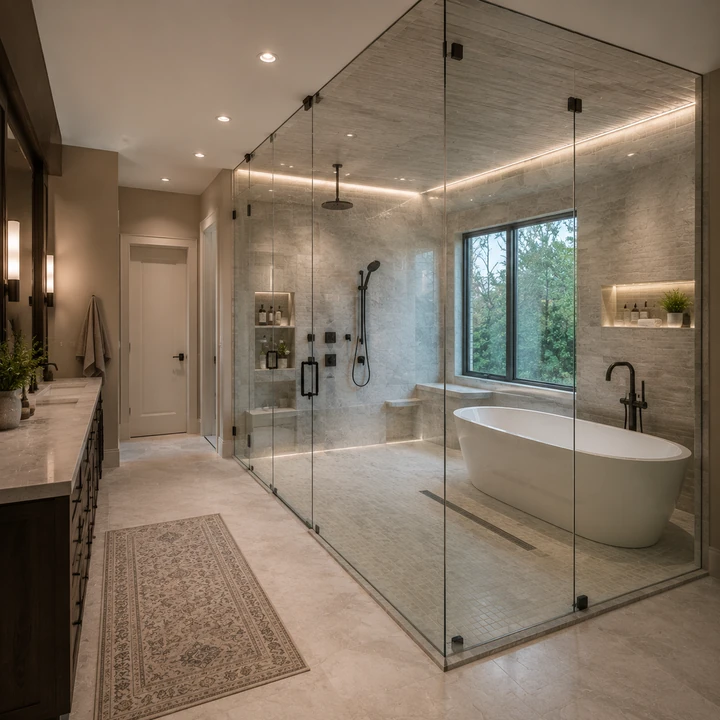 AM Developers LLC built a frameless glass wet room with low-iron panels, multi-head shower, soaking tub, and large-format tile