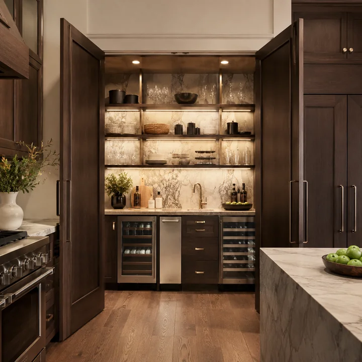 AM Developers LLC built a hidden walk-in butler pantry with custom cabinetry, beverage cooling, prep counters, and luxury storage in Washington, DC
