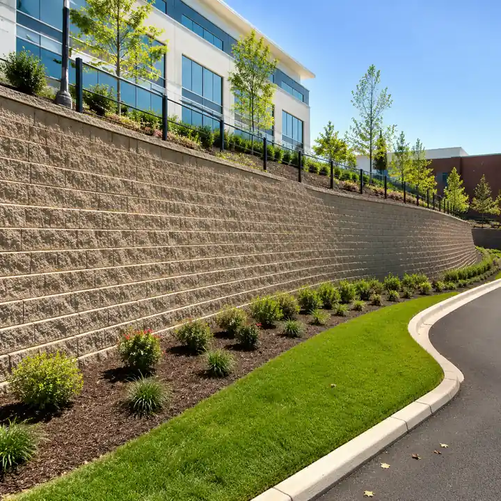 AM Developers LLC built a geogrid reinforced earth wall with segmental blocks, soil stabilization, planted slopes, and grade retention in Alexandria, VA