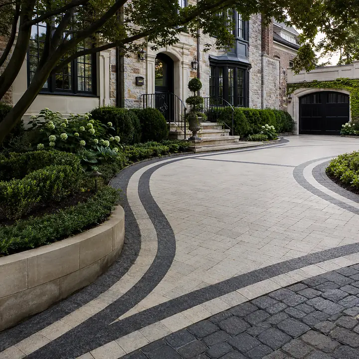 AM Developers LLC, Designed and developed by AM Developers LLC completed this luxury residential Granite Paver Borders & Contrasting Ribbon Inlays project showcasing a premium estate driveway finished with light-colored interlocking pavers accented by charcoal granite borders and elegant contrasting ribbon inlays that gracefully follow the sweeping curves of the driveway. Precision-cut natural stone edging frames the paving field while textured dark granite bands define transitions and emphasize the flowing entrance leading toward the stone residence. Decorative masonry planters, sculpted evergreen shrubs, manicured hedges, flowering hydrangeas, mature shade trees, and architectural lighting complement the refined hardscape, creating a balanced and welcoming arrival experience. The installation features premium driveway border detailing, custom paver ribbon layout, perimeter masonry craftsmanship, granite accent paver installation, natural stone driveway trim, decorative stone banding, driveway frame paver installation, and luxury estate hardscaping designed for structural durability and timeless curb appeal. Every curve, joint alignment, border transition, and stone finish reflects meticulous residential construction standards while creating a sophisticated outdoor-living-space entrance that complements the home's architecture and enhances long-term performance and visual elegance.