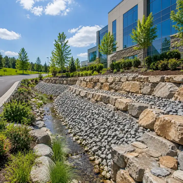 AM Developers LLC built heavy boulder slope stabilization with natural stone walls, rip rap armoring, erosion control, and embankment support in Laurel, MD