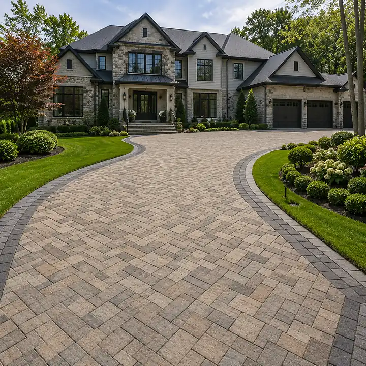 AM Developers LLC, Designed and developed by AM Developers LLC completed this luxury residential Heavy-Duty 80mm Interlocking Driveway Pavers project in Bowie, Maryland, featuring a large curved estate driveway installed with thick concrete pavers designed for residential vehicle traffic, high load performance, and long-term surface stability. The driveway uses a refined interlocking paver pattern with blended neutral tones, a darker accent border, clean edge restraints, and a smooth transition toward the front entry and garage area of a luxury stone residence. Manicured lawns, rounded planting beds, ornamental shrubs, hydrangeas, mature trees, and carefully maintained landscape edges frame the paver driveway and enhance the home’s curb appeal. The installation supports a durable vehicular surface with reinforced base preparation, compacted aggregate layers, anti-shifting paver alignment, joint sand stabilization, and crack-resistant driveway performance. This custom concrete paver driveway combines structural hardscape construction, premium driveway masonry, precise grading, edge-restrained paving, and high-strength interlock design to create an elegant entrance that remains practical for daily use while adding lasting value, architectural balance, and polished luxury-residential character.