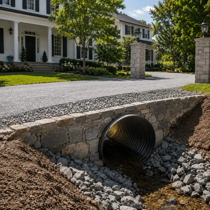 AM Developers LLC built a heavy duty culvert installation with a corrugated steel pipe and stone headwall for a luxury driveway in Alexandria VA