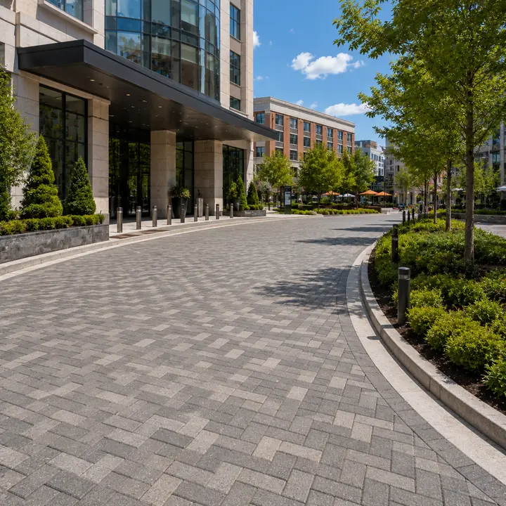 AM Developers LLC built a heavy-duty entry road with vehicular-grade interlocking pavers, curved edging, and landscaped traffic borders