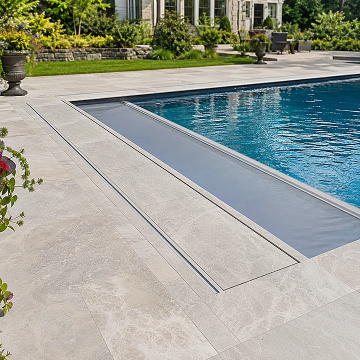 AM Developers LLC installed a hidden automatic pool cover vault with concealed tracks in North Potomac, MD