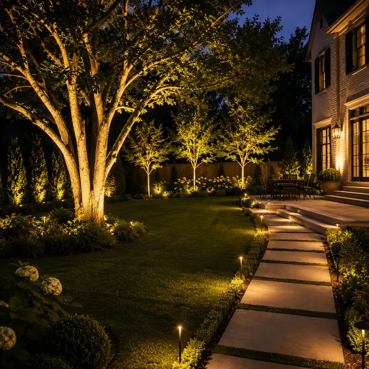 AM Developers LLC installed high-caliper accent tree uplighting with LED well lights, path lighting, garden illumination, and step lights