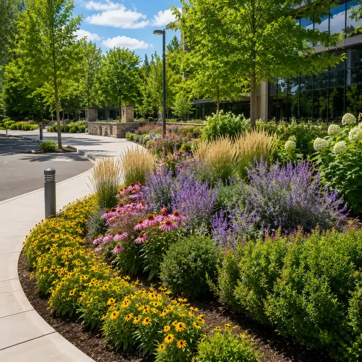 AM Developers LLC installed high density commercial mass plantings with ornamental grasses, perennial drift beds, and pollinator friendly landscapes in Reston VA