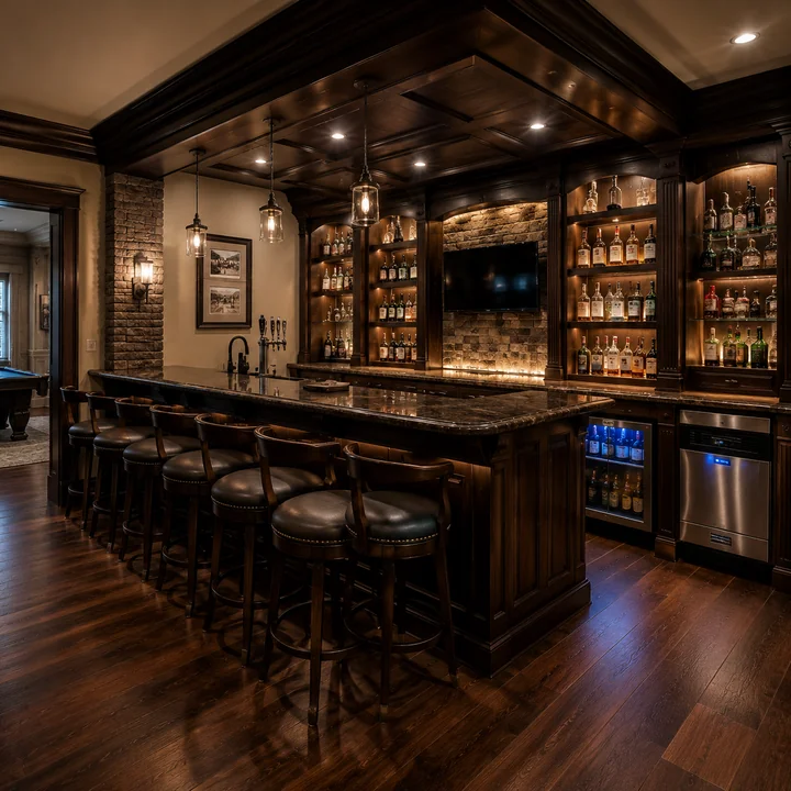 AM Developers LLC built a luxury wet bar with wood cabinetry, stone counters, backlit bottle displays, and beverage refrigeration in Brookeville, MD