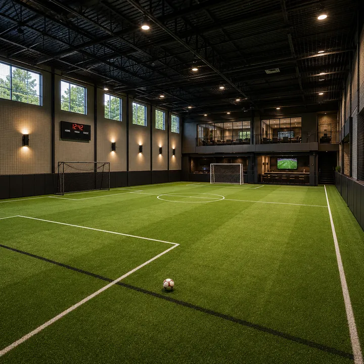 AM Developers LLC built a backyard turf soccer field with synthetic sports turf, precision boundary lines, and indoor practice goals