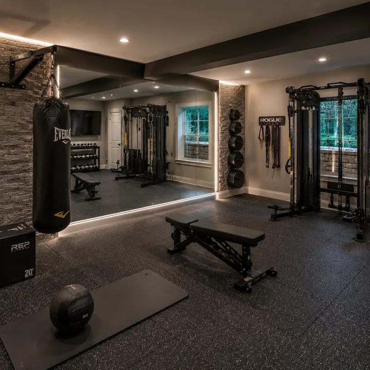 AM Developers LLC built a private home gym with rubber flooring, full-wall mirrors, a heavy bag, and cable-crossover equipment in Gaithersburg, MD