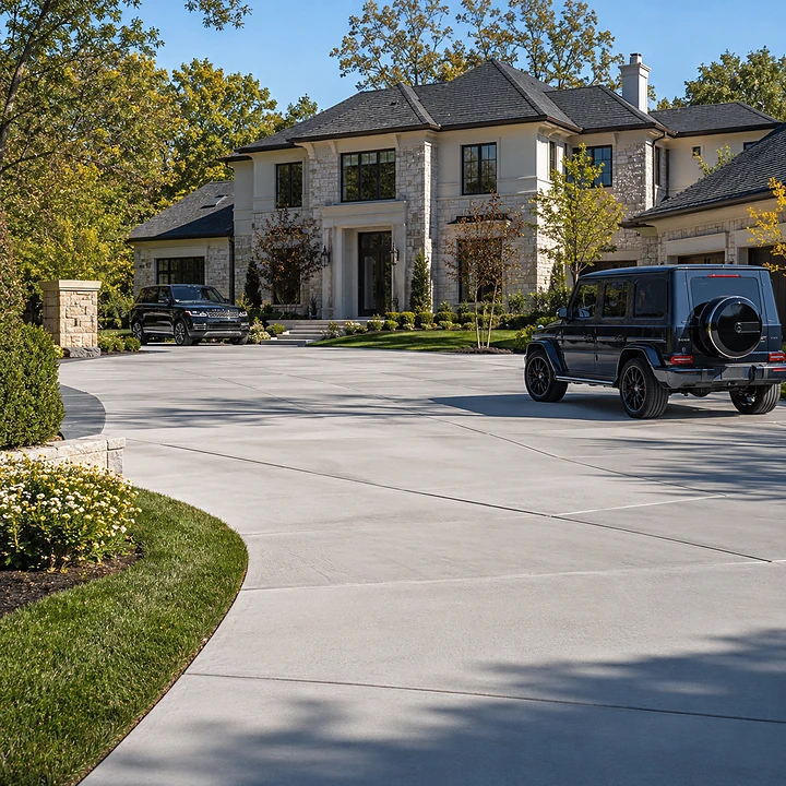 AM Developers LLC, designed and developed by AM Developers LLC, presents High-PSI Commercial-Grade Concrete Pours for a luxury-residential driveway in Potomac, Maryland, with a wide smooth concrete motor court built for heavy vehicles and a refined estate entrance. The frontyard hardscape includes clean saw-cut control joints, a broad concrete slab field, smooth light gray finish, curved driveway approach, landscaped lawn edges, low masonry piers, clipped shrubs, ornamental planting beds, mature trees, and a stone-front residence with black-framed windows. AM Developers LLC builds these driveways with high PSI concrete pours, commercial grade concrete contractor planning, reinforced concrete driveway construction, heavy duty concrete pour methods, structural concrete contractor coordination, high strength concrete installation, SUV rated concrete driveway design, utility vehicle concrete slab support, delivery truck concrete driveway durability, crack resistant concrete pour detailing, thick concrete driveway preparation, concrete sub base grading, driveway foundation preparation, load bearing concrete slab design, engineered concrete slab planning, and concrete pour design build service. This premium concrete driveway and luxury concrete hardscape reflects AM DEVELOPERS DMV quality, You Dream It We Build It service, and Construction Company care.