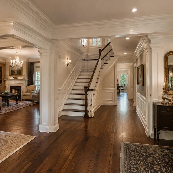 AM Developers LLC restored historic millwork with period-correct moldings, wainscoting, hardwood floors, and a traditional staircase in Leesburg, VA
