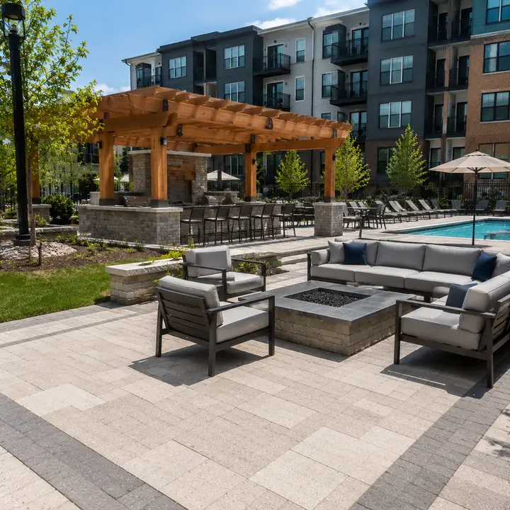 AM Developers LLC built HOA outdoor lounges with pergola structures, paver patios, fire features, and community seating in Landover Hills MD