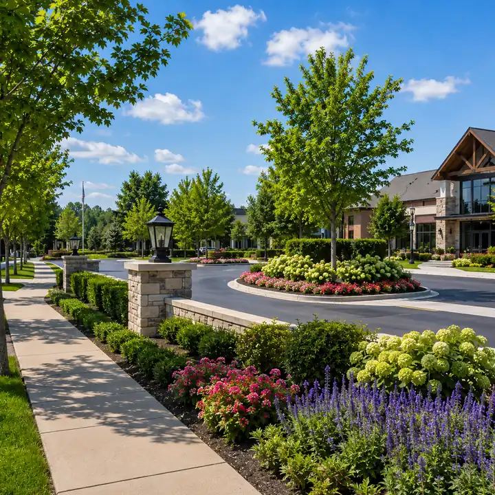 AM Developers LLC built a luxury HOA community landscape with stone entry walls, flowering beds, shade trees, and concrete walkways in Rockville