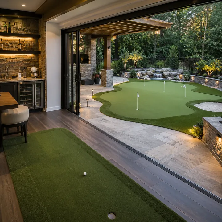 AM Developers LLC built a flush indoor-outdoor putting green with synthetic turf, step-free patio access, and a custom backyard golf green