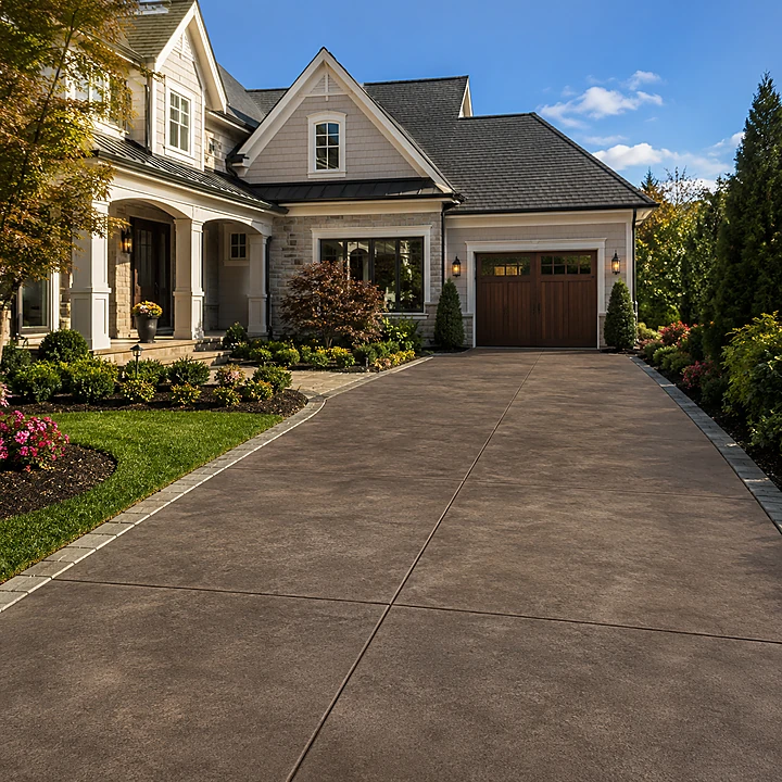 AM Developers LLC, Designed and developed by AM Developers LLC, completed an integral colored and acid-stained concrete driveway for a luxury-residential home on Cedar Dr in Sterling, VA, with a straight approach leading through the landscaped front yard to the attached garage and covered porch entry. The driveway surface carries a warm charcoal-brown tone with subtle acid stain movement, a uniform colored concrete finish, and saw-cut control joints that divide the slab into panels. Light stone border pavers frame both sides of the driveway, separating the finished concrete from manicured grass, mulched planting beds, flowering shrubs, trimmed greenery, and ornamental trees. The colored concrete driveway complements the home’s stone accents, light siding, dark roofline, wood-toned garage door, and exterior lantern lighting while giving the front entry a refined custom hardscape appearance. This completed residential driveway project highlights decorative concrete coloring, concrete color blending, premium stained concrete surface detail, weather resistant concrete color, and long lasting colored concrete performance for daily vehicle access. AM Developers LLC delivered careful flatwork finishing, clean edges, balanced surface tone, and high-end driveway installation craftsmanship for a Sterling, VA property where the driveway supports curb appeal, garage access, and a polished residential arrival experience.