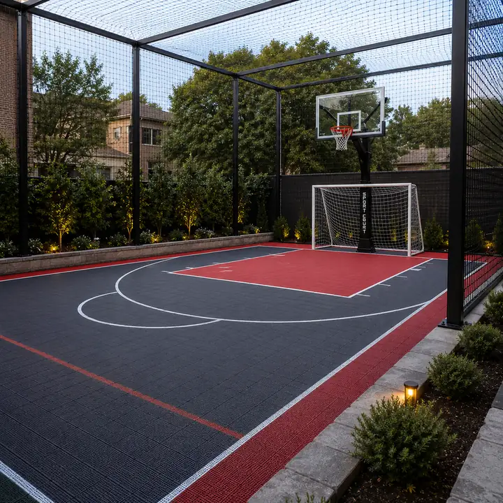 AM Developers LLC built an enclosed game court with steel rebounder netting, overhead safety mesh, sport tiles, and a basketball hoop