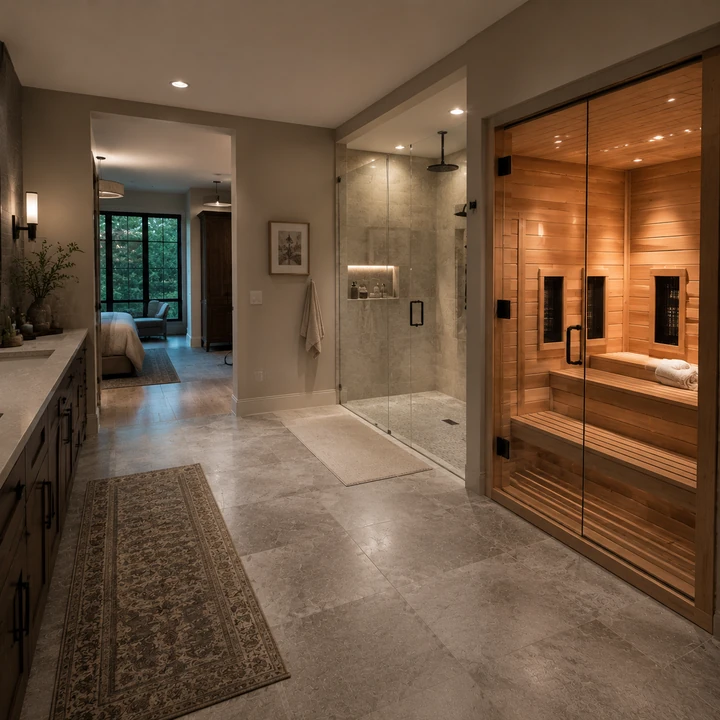 AM Developers LLC built an integrated in-home dry sauna with cedar paneling, infrared heaters, glass doors, and tiered bench seating