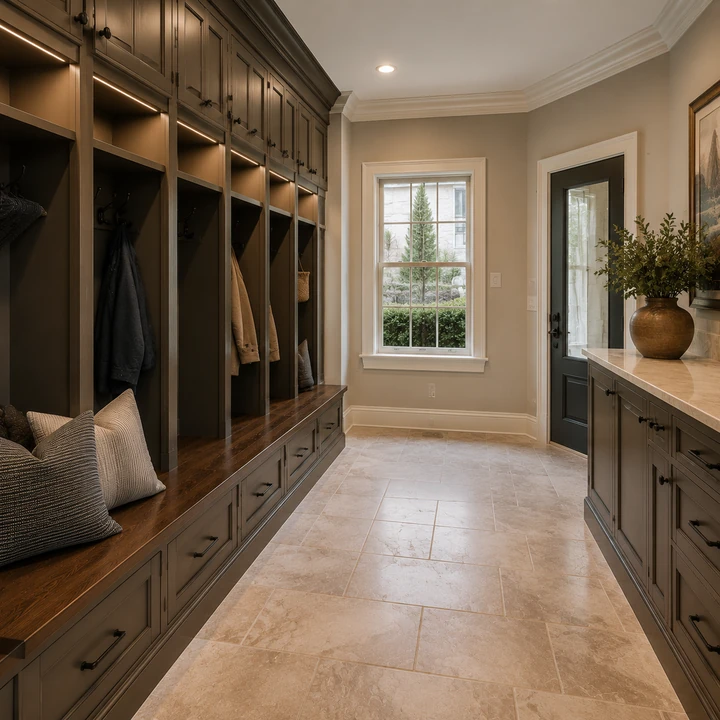 AM Developers LLC built an entry mudroom with custom lockers, a solid-wood bench, storage cubbies, and durable tile flooring in Ashburn, VA
