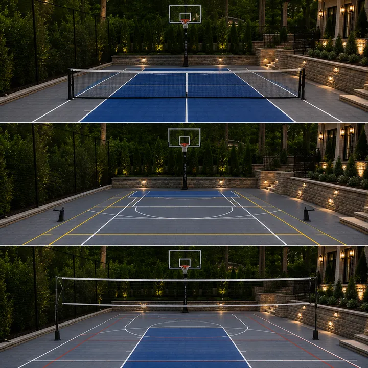 AM Developers LLC built a convertible game court with removable net systems, multi-sport line markings, sport tile surfacing, and a fixed hoop
