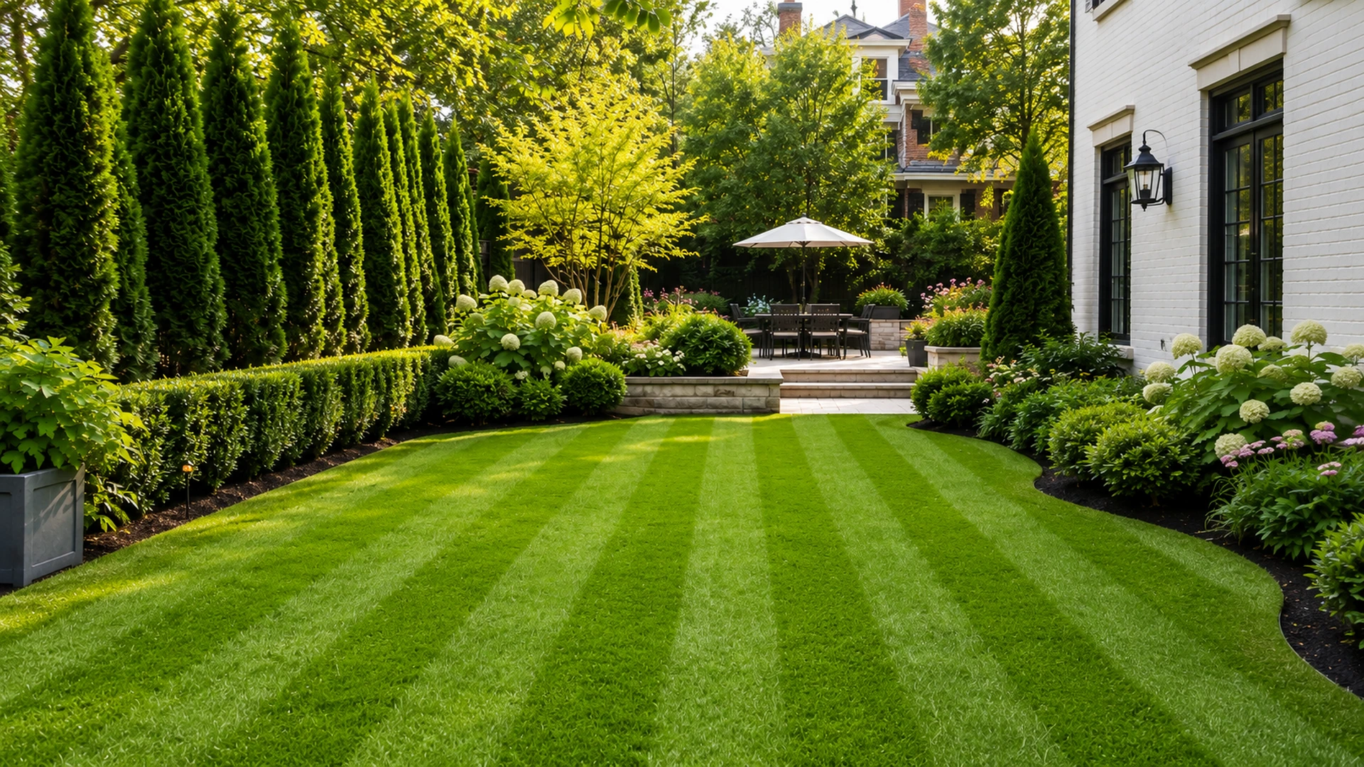 AM Developers LLC built a luxury backyard landscape with manicured lawn, layered hedges, hydrangeas, specimen trees, and a raised stone patio