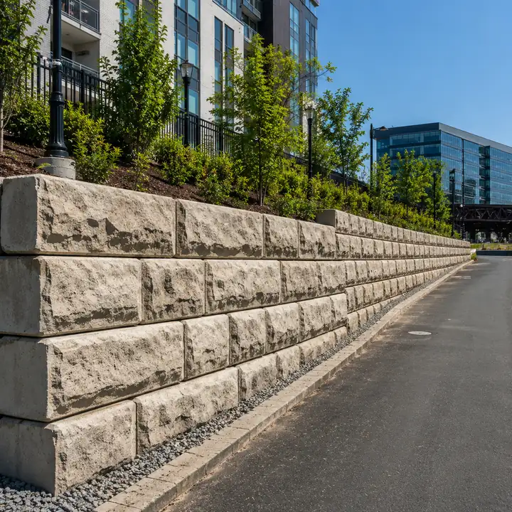 AM Developers LLC built a large-block gravity retaining wall with precast concrete units, stepped courses, and gravel drainage in Washington, DC