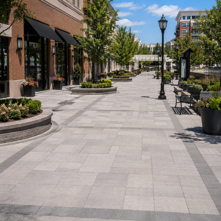 AM Developers LLC built a large-format pedestrian concourse with architectural concrete pavers, crisp jointing, and landscaped seating in Rockville