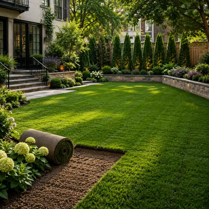 AM Developers LLC installed a laser-guided premium sod lawn with leveled turf, clean edges, stone borders, and layered foundation planting