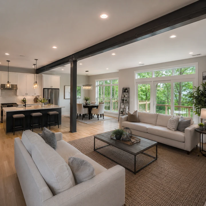 AM Developers LLC created an open-concept living space with load-bearing wall removal, a steel I-beam, support column, and wide room spans