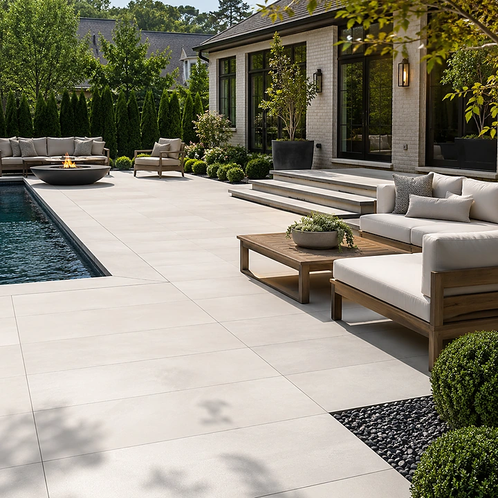 AM Developers LLC built a large-format exterior porcelain paver patio in North Potomac, MD, with light-toned slabs, grid joints, poolside seating, fire bowl, terrace steps, and modern garden accents.