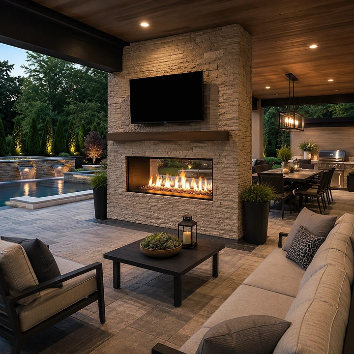 AM Developers LLC built a luxury double-sided see-through fireplace in Bethesda, MD, with stacked stone, linear firebox, TV wall, pool views, outdoor kitchen, and covered lounge seating.